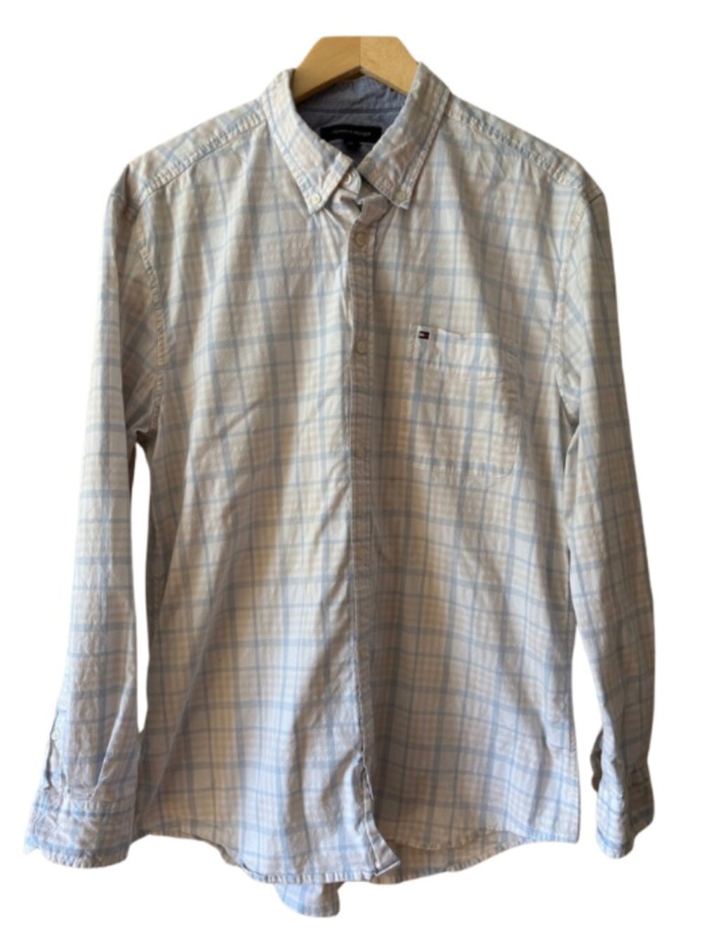 Tommy Hilfiger Mens Plaid Button Down Shirt Large Blue White Long Sleeve XL